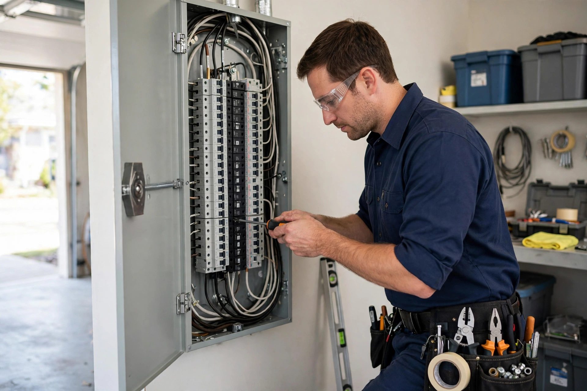 Electrician working inside an open panel while an AI receptionist for electrical contractors books the next service call