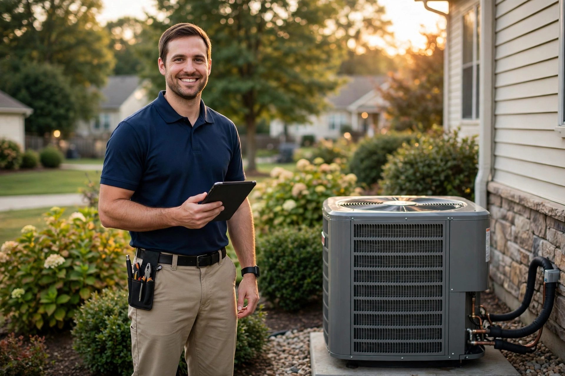 HVAC technician beside a condenser unit at a New Jersey home, the kind of call an AI receptionist for HVAC companies books while he works
