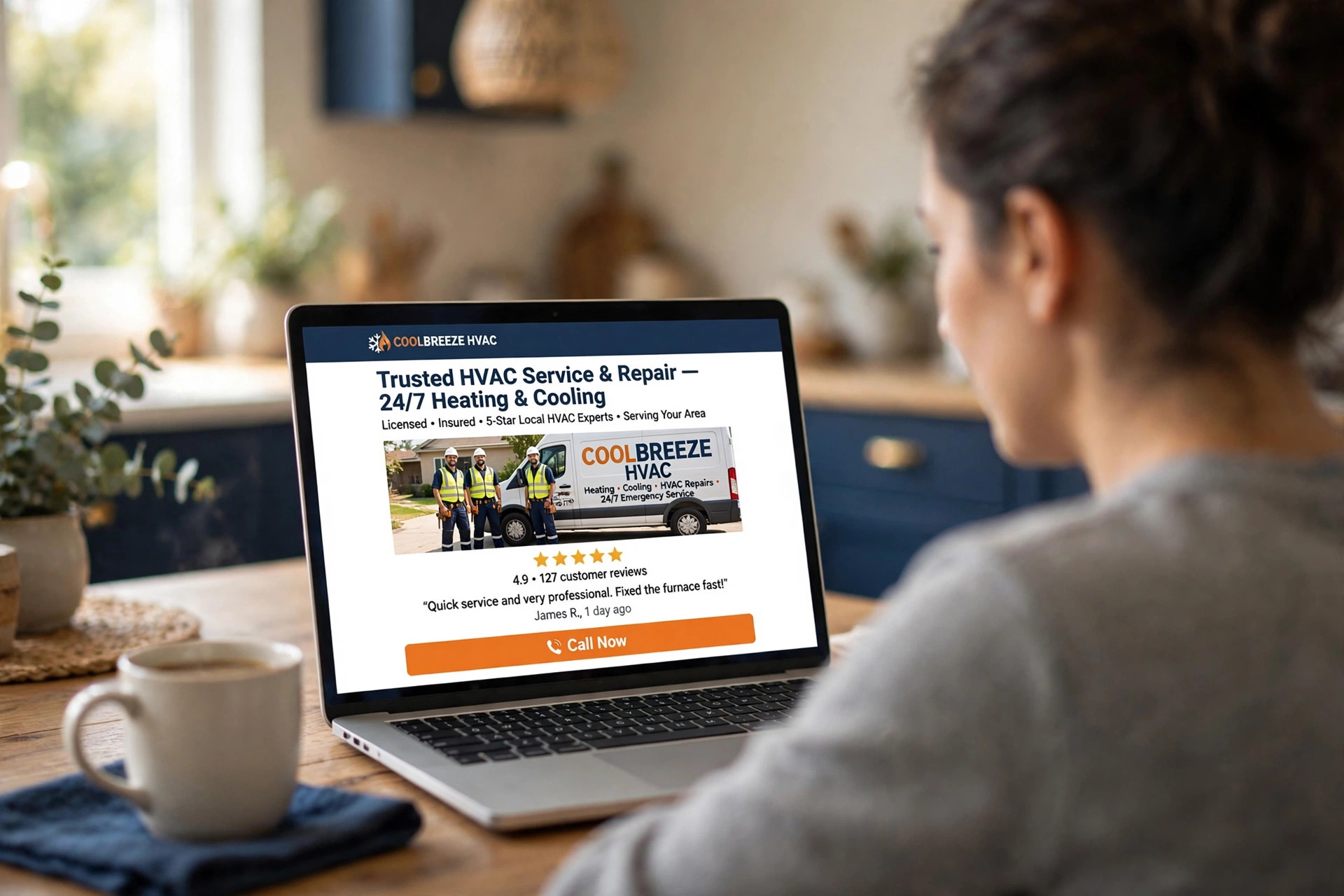 Homeowner looking at a laptop showing a home service company website, with its crew photo, five star customer reviews, and a big call now button