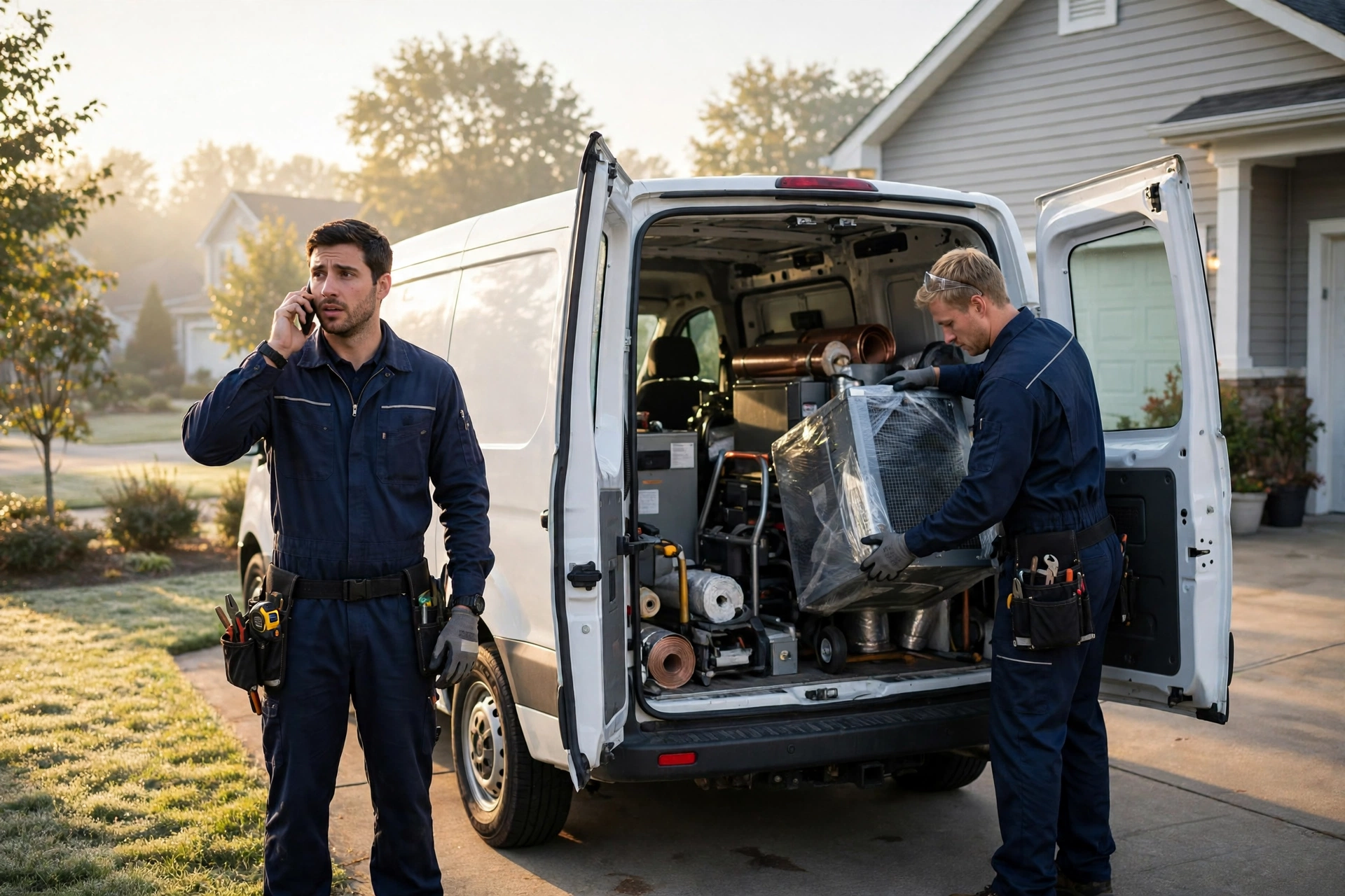 HVAC crew loading a van at sunrise while a 24-hour answering service for HVAC handles the calls coming in