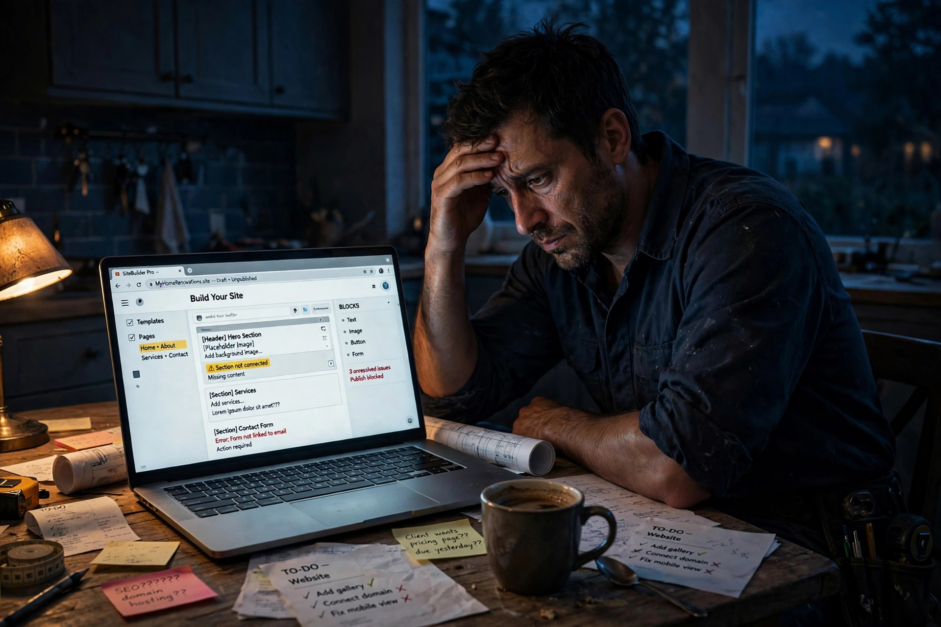 Contractor at a kitchen table late at night, stuck in a do-it-yourself website builder