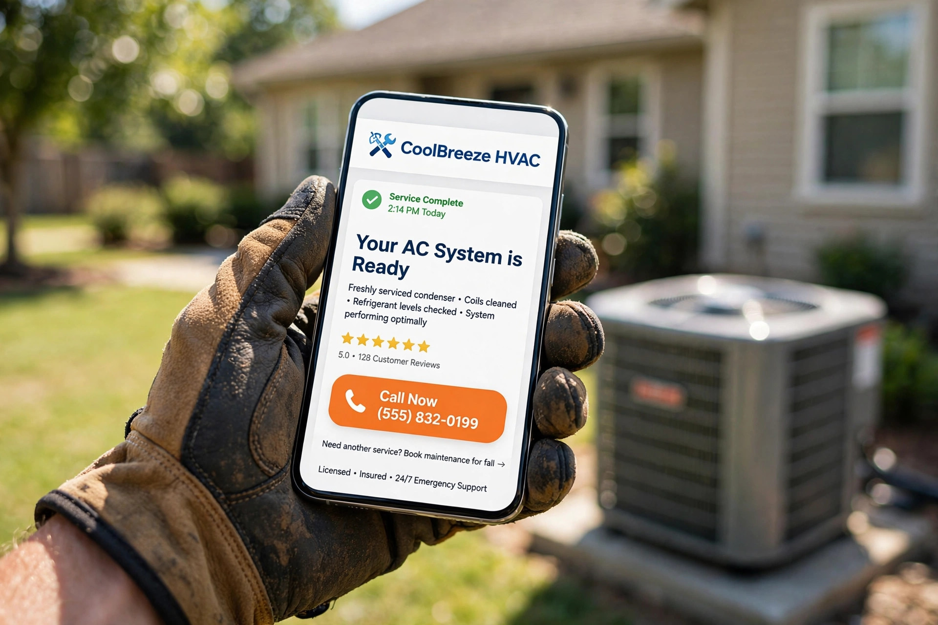 Mockup of a contractor website on a smartphone: reviews and a large tap-to-call button, held in a work glove beside a serviced condenser