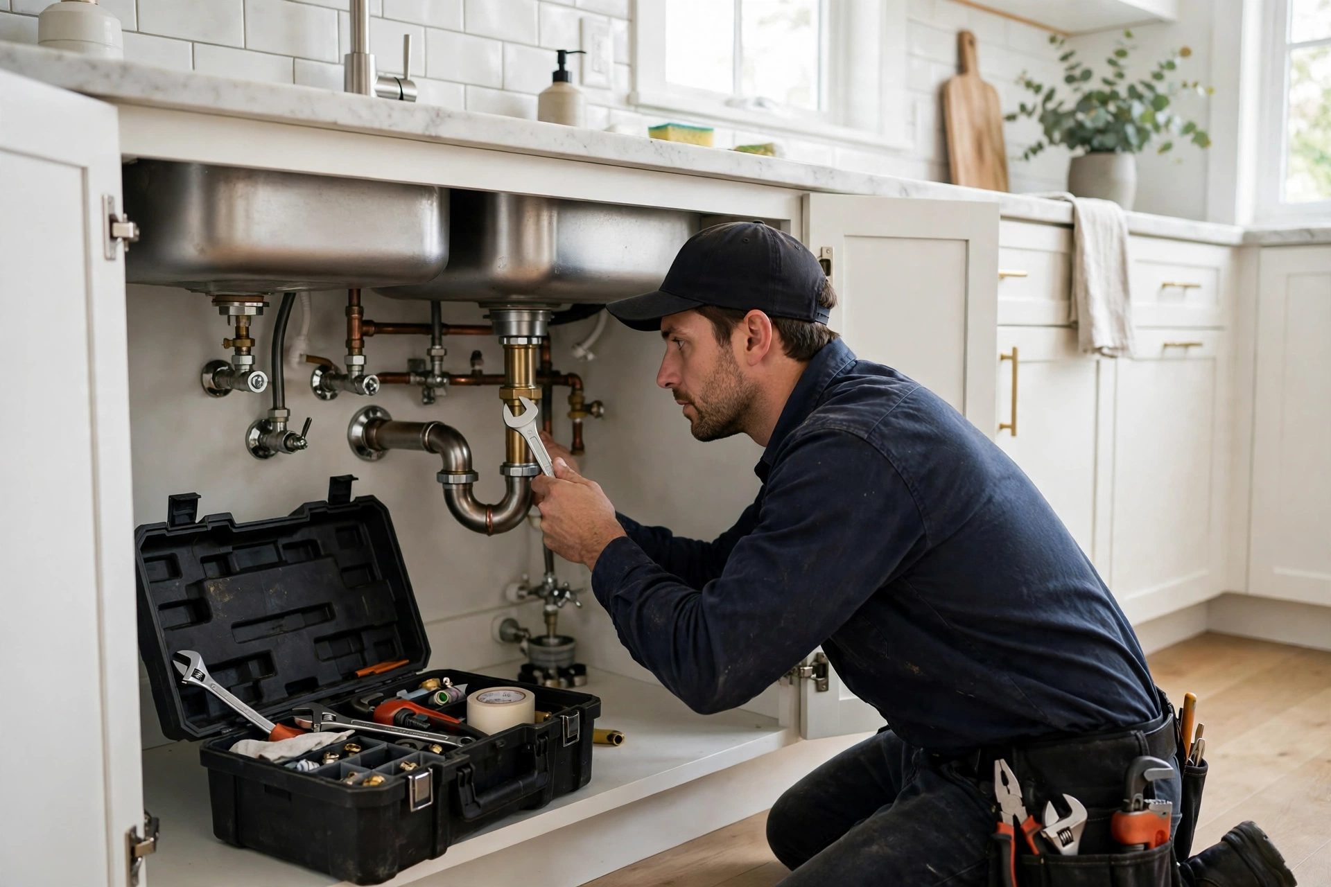 Plumber under a kitchen sink on a job booked by a plumbing answering service while his phone stayed in the truck