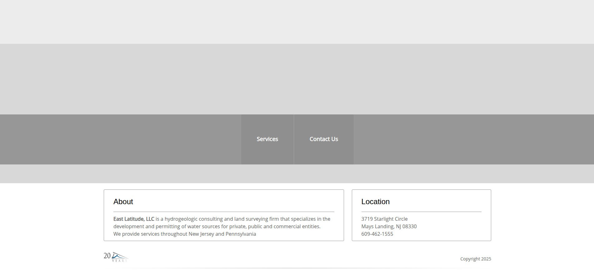 The old East Latitude homepage: a mostly empty grey page with two menu tiles, Services and Contact Us, above an About box and a Location box