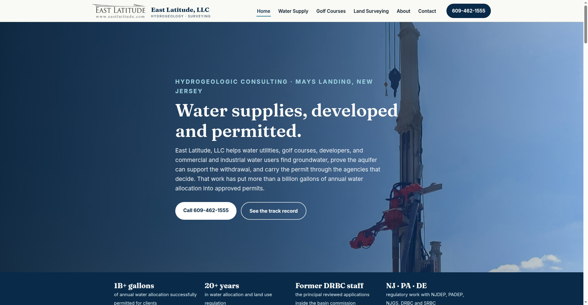 Homepage of the East Latitude sample rebuild: water supply consulting headline over a drilling rig photo